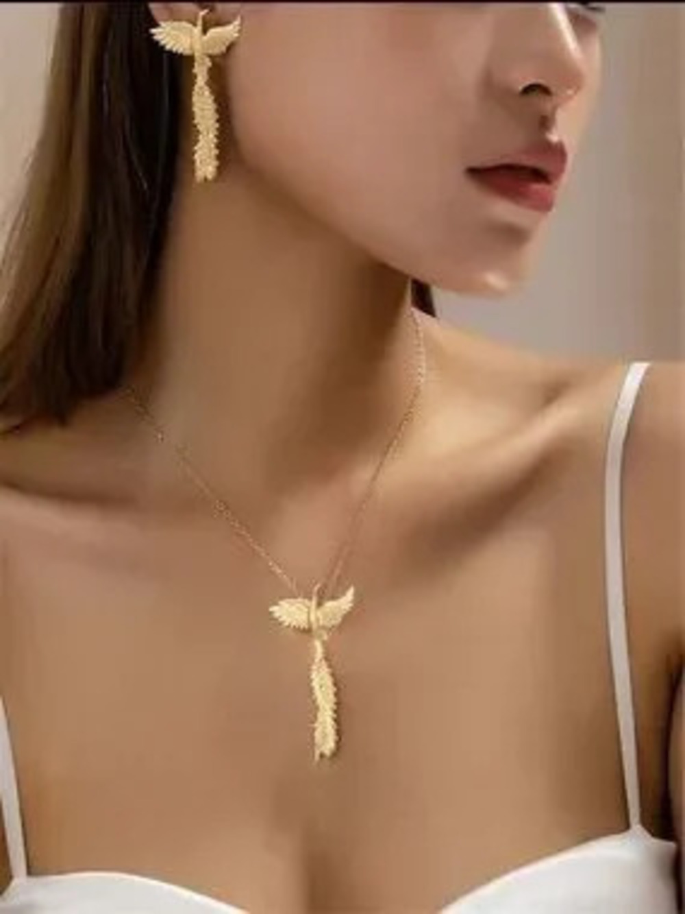 Gold Angel Wing Feather Pendant Necklace and Earring Set